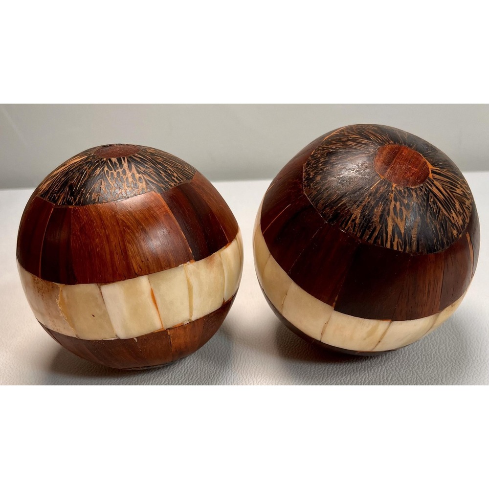 Vintage Wood Bone Inlay Sphere Balls Set Boho Decor Accent Exotic Pair